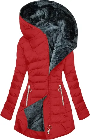 Hooded Winter Down Puffer Coat Fleece Lined Coats Ladies Padded Thermal Overcoat with Faux Hooded Windproof Thicken