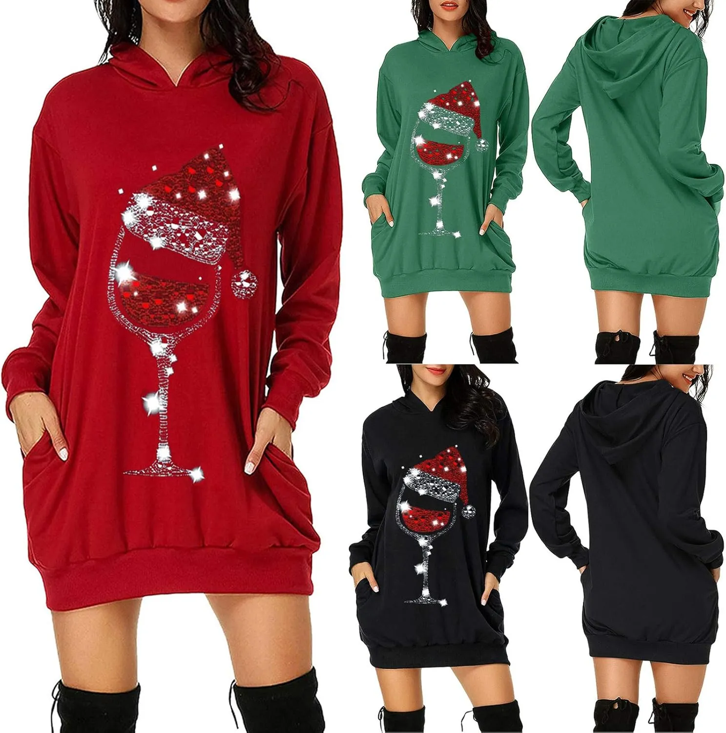 Hoodie Dresses for Women Oversized Long Sleeve Christmas Print Sweaters Jumper Casual Elegant Long Tops with Pockets