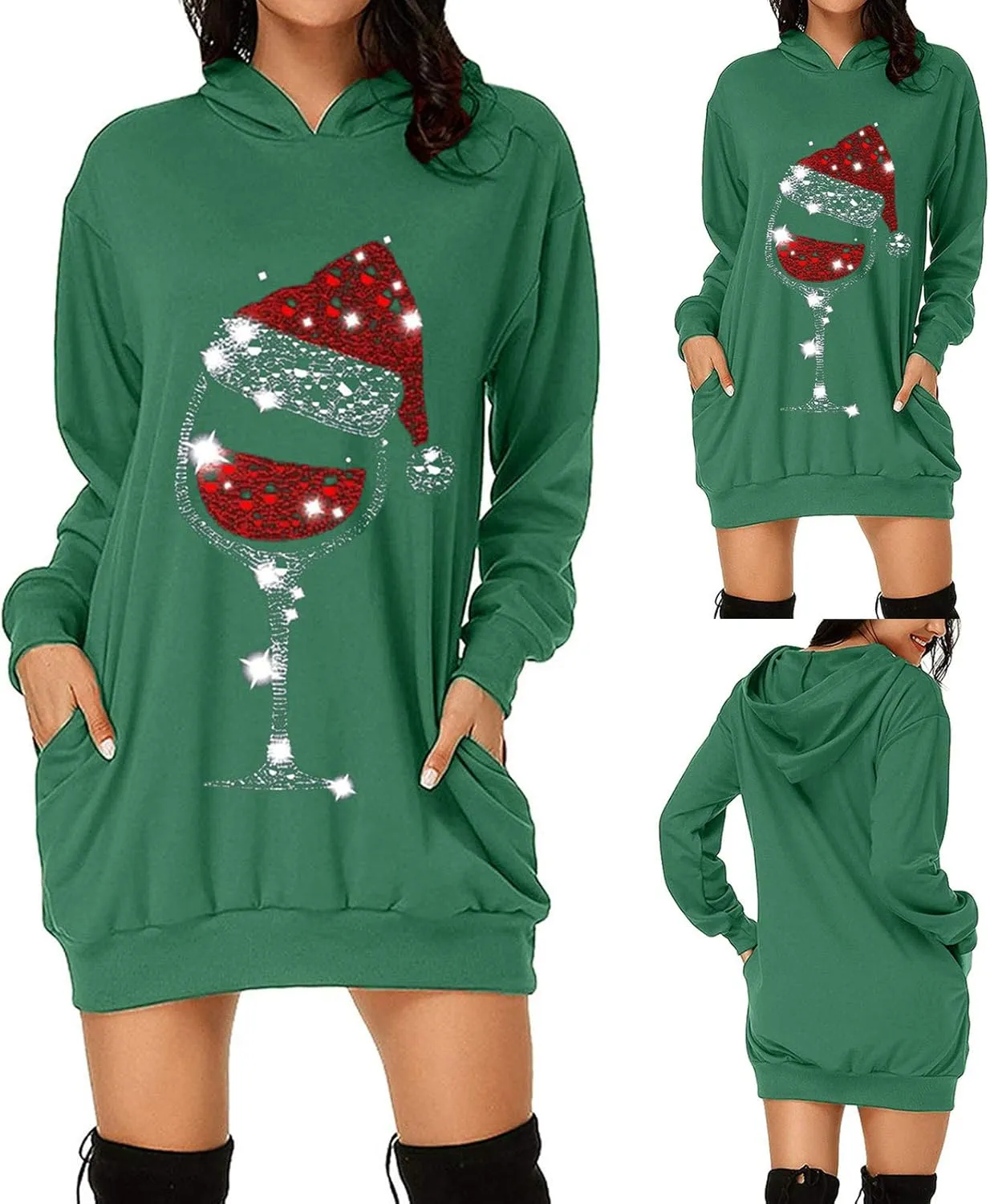 Hoodie Dresses for Women Oversized Long Sleeve Christmas Print Sweaters Jumper Casual Elegant Long Tops with Pockets