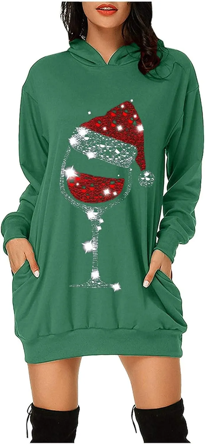 Hoodie Dresses for Women Oversized Long Sleeve Christmas Print Sweaters Jumper Casual Elegant Long Tops with Pockets