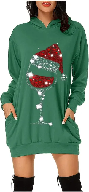 Hoodie Dresses for Women Oversized Long Sleeve Christmas Print Sweaters Jumper Casual Elegant Long Tops with Pockets