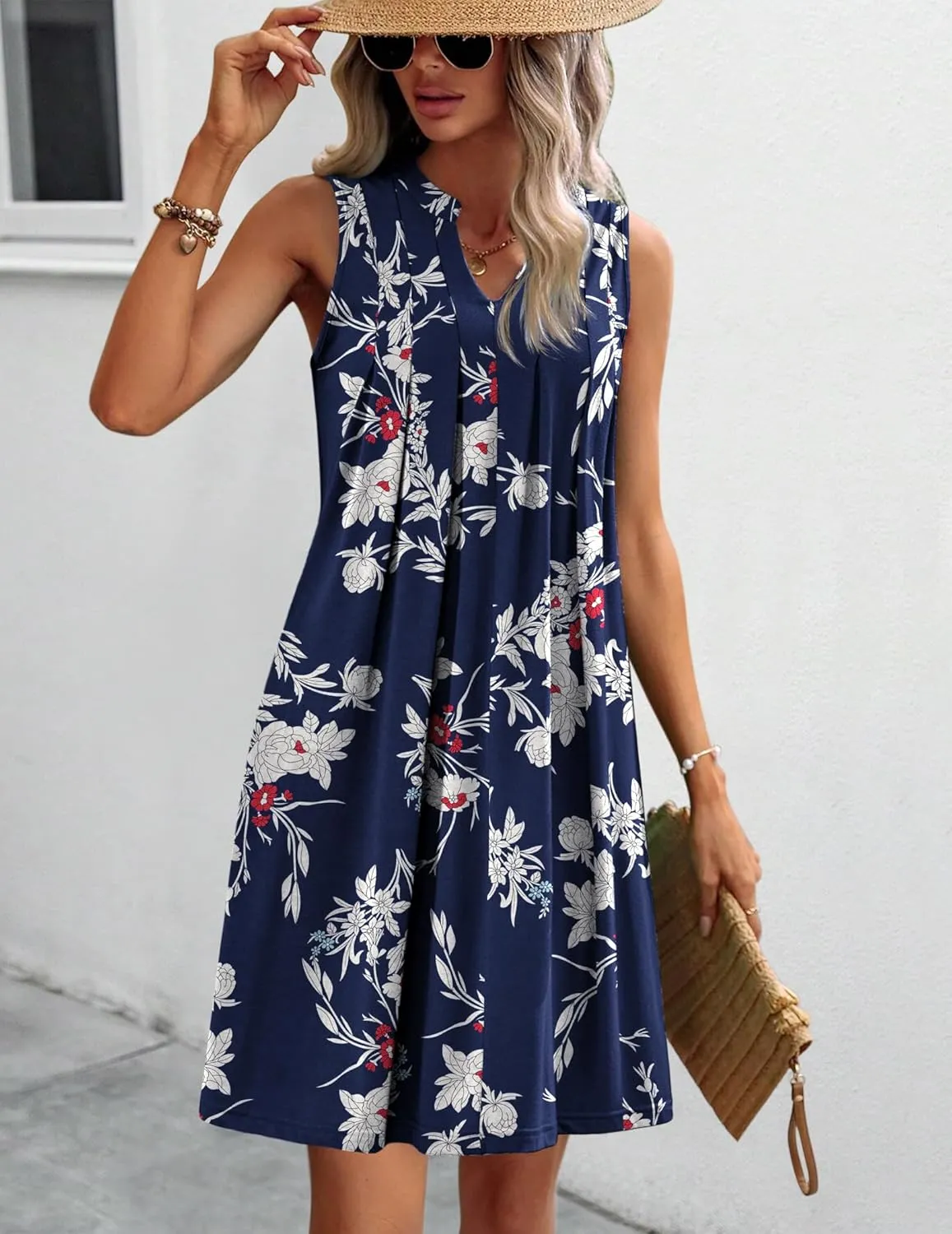 HOTOUCH Women Casual A-Line Dress with Pockets 2024 Sleeveless V Neck Pleated Sundress Loose T-Shirt Work Office Dresses