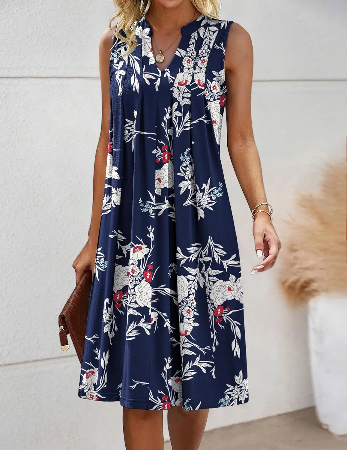 HOTOUCH Women Casual A-Line Dress with Pockets 2024 Sleeveless V Neck Pleated Sundress Loose T-Shirt Work Office Dresses