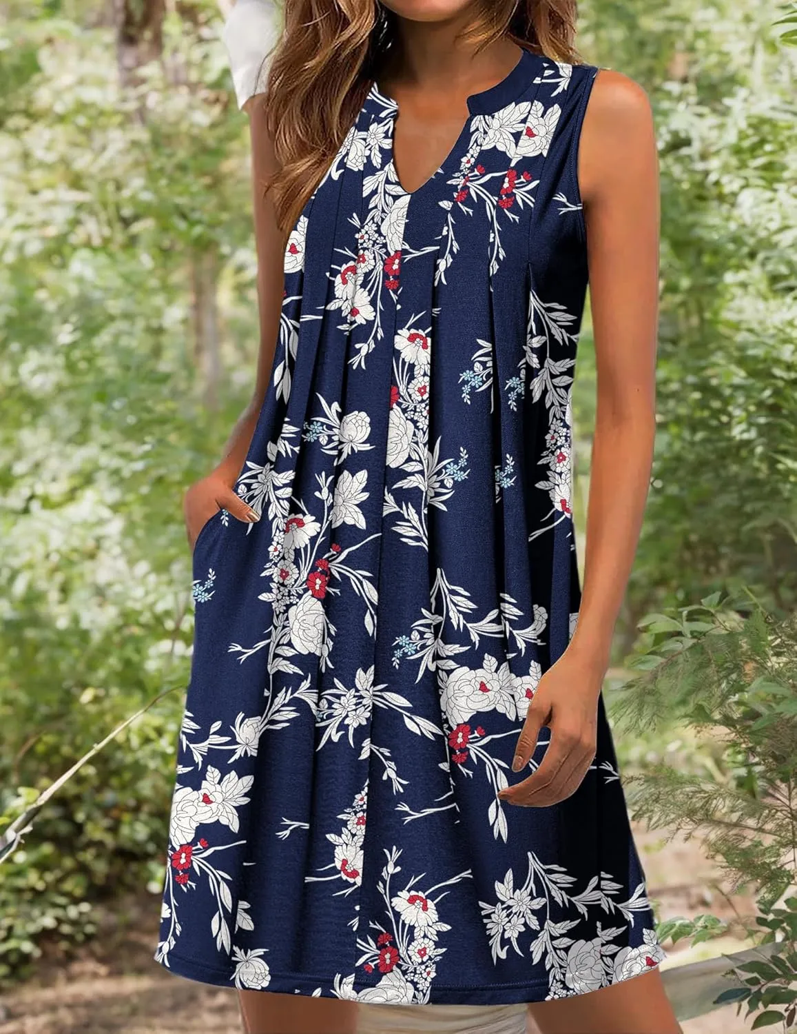 HOTOUCH Women Casual A-Line Dress with Pockets 2024 Sleeveless V Neck Pleated Sundress Loose T-Shirt Work Office Dresses