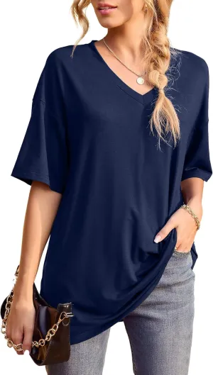 Iandroiy Womens Short Sleeve Tops Dolman V Neck T-Shirts Summer Casual Tunic Tops