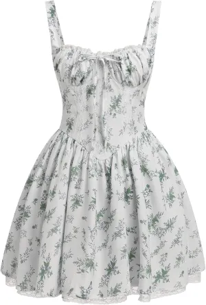 IBTOM CASTLE Corset Mini Dress for Women: Boho Summer Floral Dress Sleeveless Spaghetti Straps Backless Dress Lace Up Sundress Cottagecore Ruffle Short Beach Bustier Dresses White & Green Leaf M