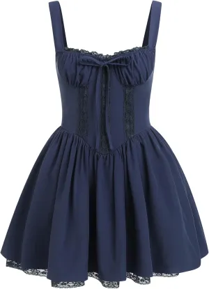 IBTOM CASTLE Corset Mini Dress for Women: Ladeis Sexy Boho Summer Floral Dress Sleeveless Spaghetti Straps Backless Dress Lace Up Sundress Cottagecore Ruffle Short Beach Bustier Dresses Navy Blue L