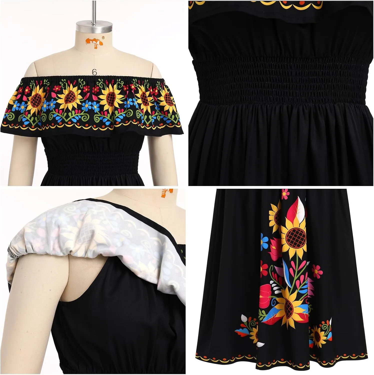 IDOPIP Mexican Dress for Women Off Shoulder Traditional Mexican Fiesta Dress Floral Sunflower Cinco De Mayo Mexican Outfit