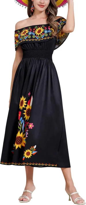 IDOPIP Mexican Dress for Women Off Shoulder Traditional Mexican Fiesta Dress Floral Sunflower Cinco De Mayo Mexican Outfit