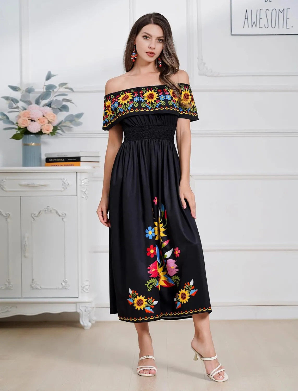 IDOPIP Mexican Dress for Women Off Shoulder Traditional Mexican Fiesta Dress Floral Sunflower Cinco De Mayo Mexican Outfit