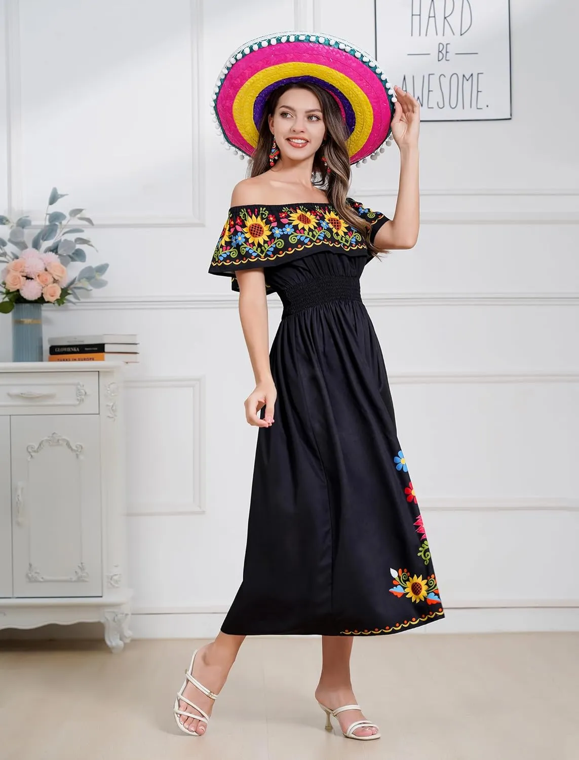 IDOPIP Mexican Dress for Women Off Shoulder Traditional Mexican Fiesta Dress Floral Sunflower Cinco De Mayo Mexican Outfit