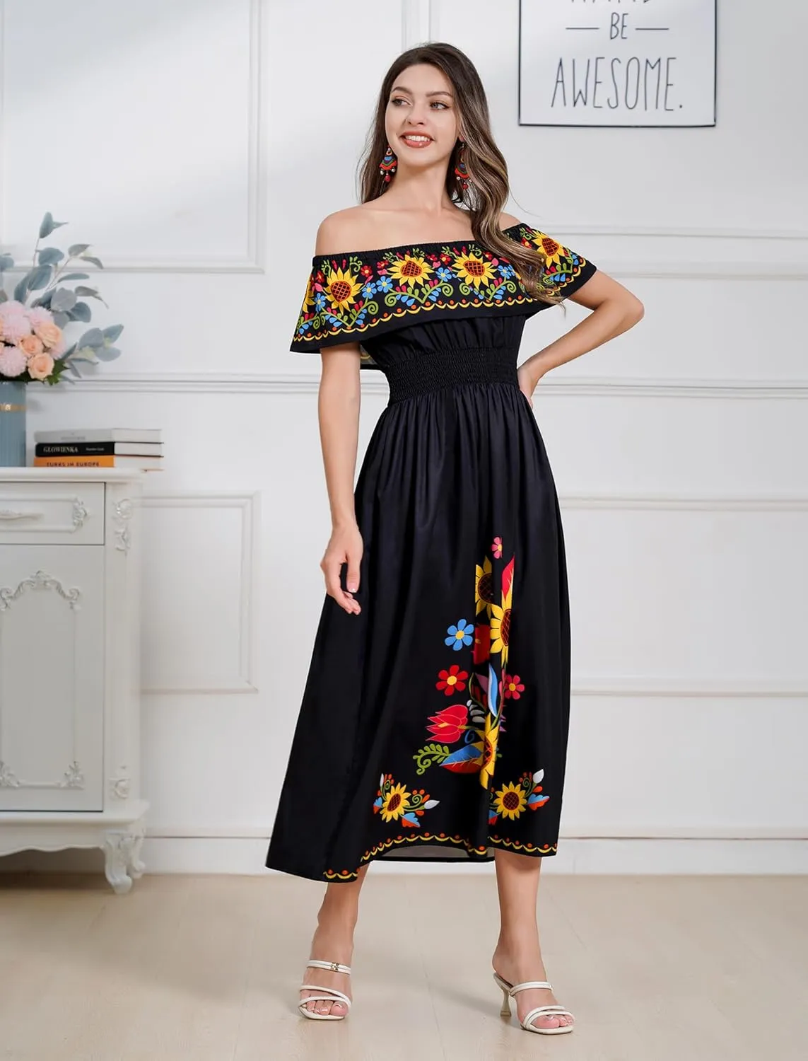 IDOPIP Mexican Dress for Women Off Shoulder Traditional Mexican Fiesta Dress Floral Sunflower Cinco De Mayo Mexican Outfit