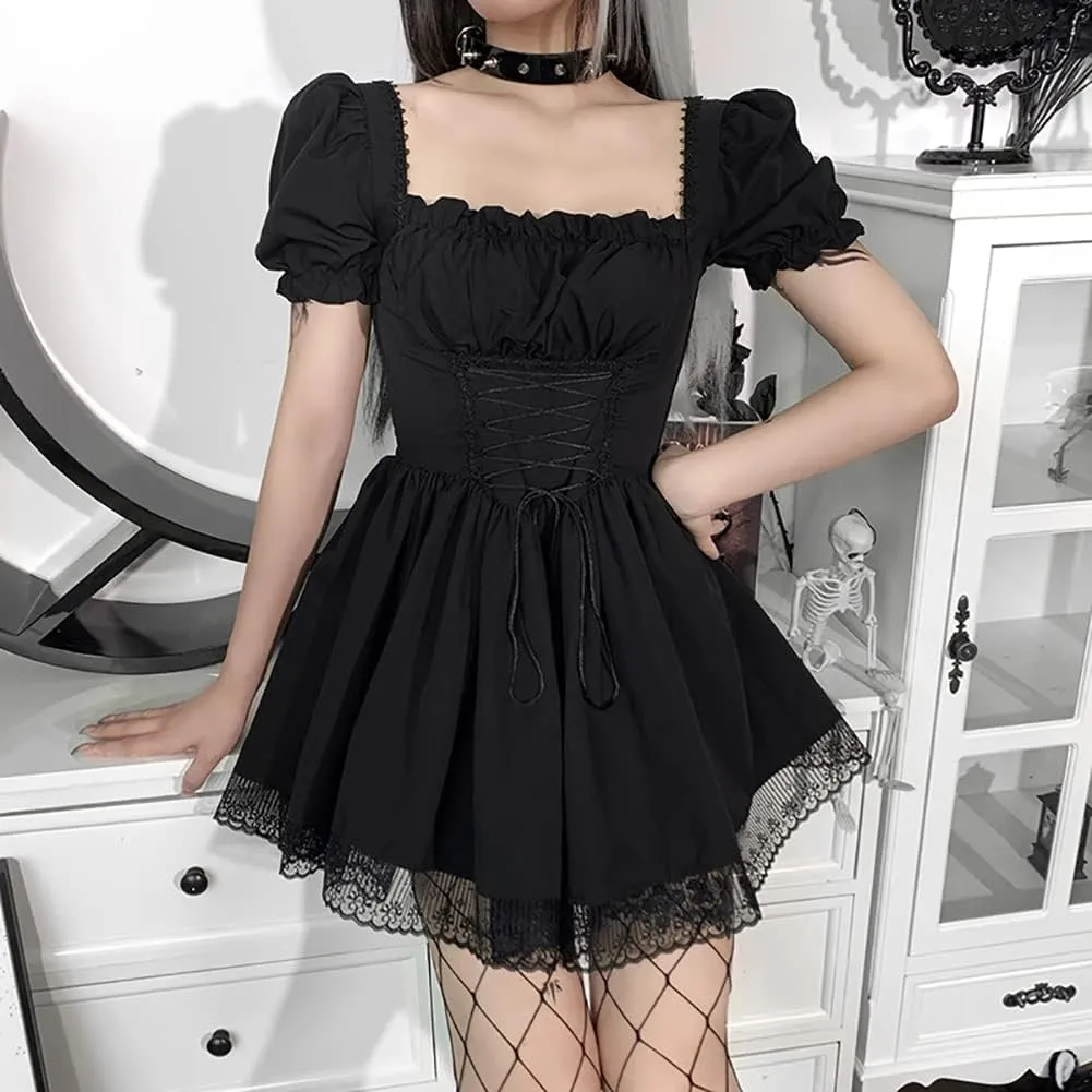 IKADEX Women Gothic Dress Vintage Lace Grunge Punk Goth Dresses Casual Cosplay Party Cocktail