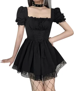 IKADEX Women Gothic Dress Vintage Lace Grunge Punk Goth Dresses Casual Cosplay Party Cocktail