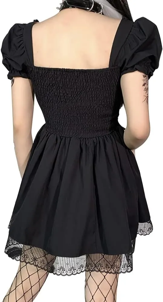 IKADEX Women Gothic Dress Vintage Lace Grunge Punk Goth Dresses Casual Cosplay Party Cocktail