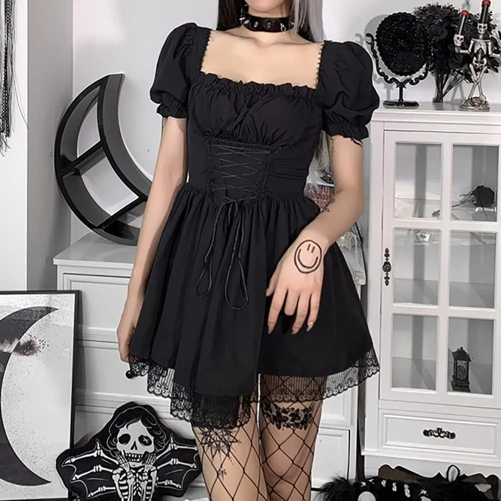 IKADEX Women Gothic Dress Vintage Lace Grunge Punk Goth Dresses Casual Cosplay Party Cocktail