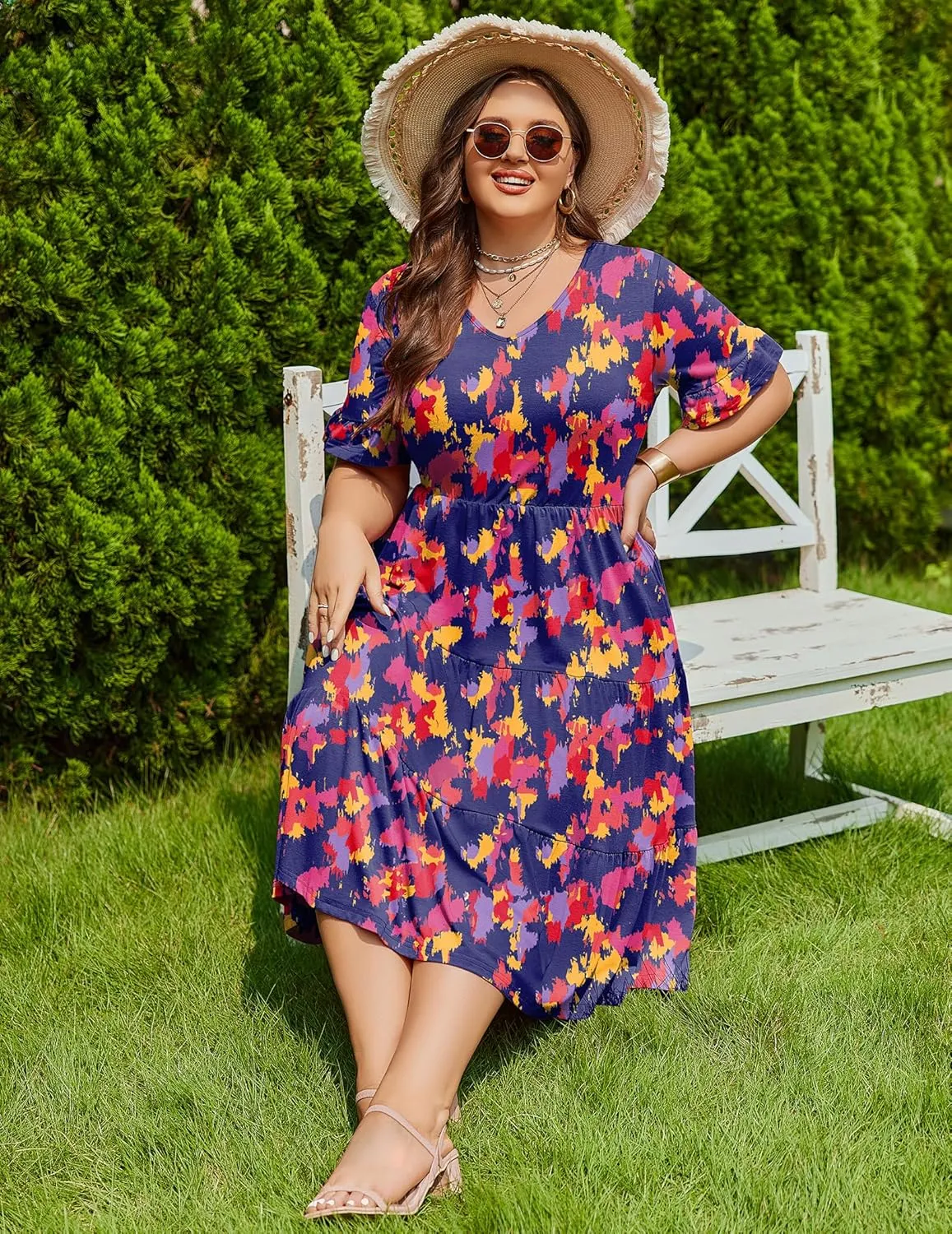 IN'VOLAND Womens Plus Size Short Sleeve Dress Summer Midi Casual Tiered V-Neck Aline Flowy Loose Dresses with Pockets