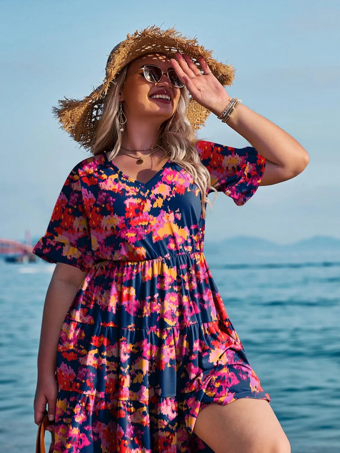 IN'VOLAND Womens Plus Size Short Sleeve Dress Summer Midi Casual Tiered V-Neck Aline Flowy Loose Dresses with Pockets
