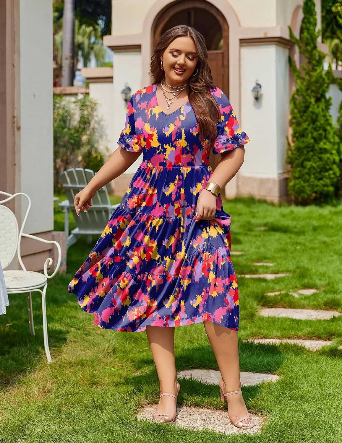 IN'VOLAND Womens Plus Size Short Sleeve Dress Summer Midi Casual Tiered V-Neck Aline Flowy Loose Dresses with Pockets