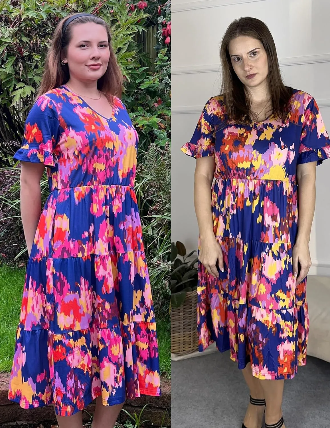 IN'VOLAND Womens Plus Size Short Sleeve Dress Summer Midi Casual Tiered V-Neck Aline Flowy Loose Dresses with Pockets