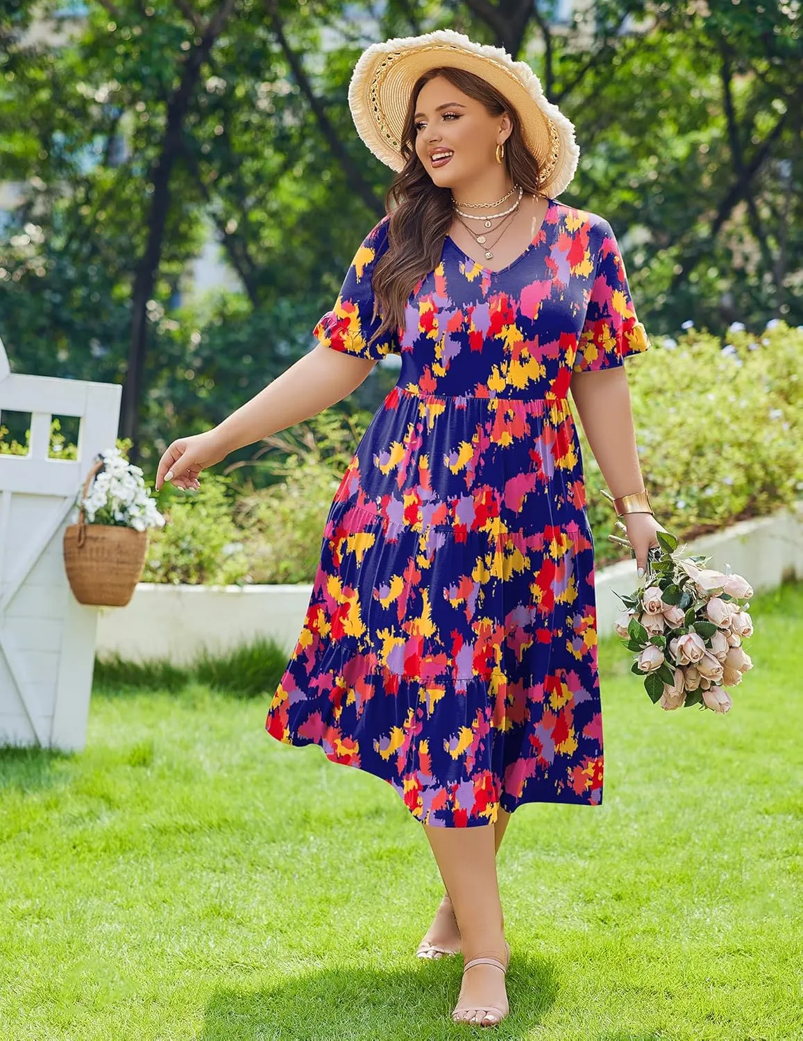 IN'VOLAND Womens Plus Size Short Sleeve Dress Summer Midi Casual Tiered V-Neck Aline Flowy Loose Dresses with Pockets