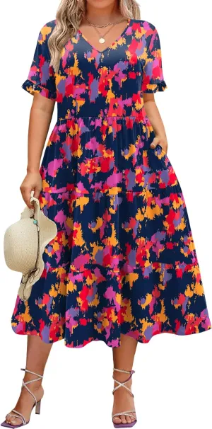 IN'VOLAND Womens Plus Size Short Sleeve Dress Summer Midi Casual Tiered V-Neck Aline Flowy Loose Dresses with Pockets