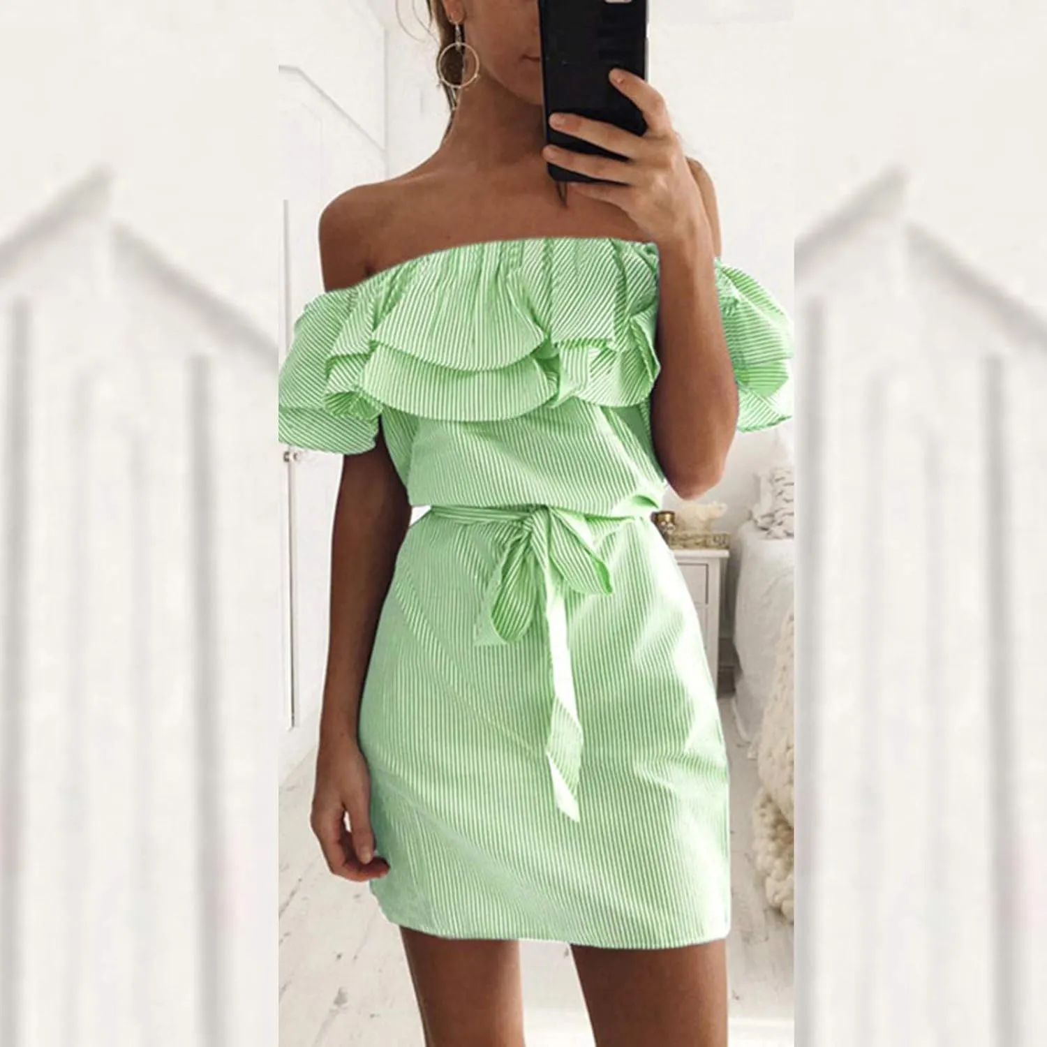 iQKA Women Sexy Dress Off Shoulder Ruffle Hem Slash Neck Short Dresses Strapless Stripe Print Mini Dress with Bandage