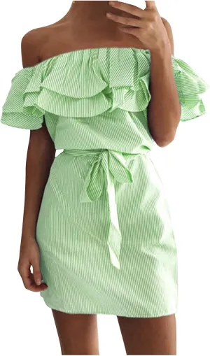 iQKA Women Sexy Dress Off Shoulder Ruffle Hem Slash Neck Short Dresses Strapless Stripe Print Mini Dress with Bandage