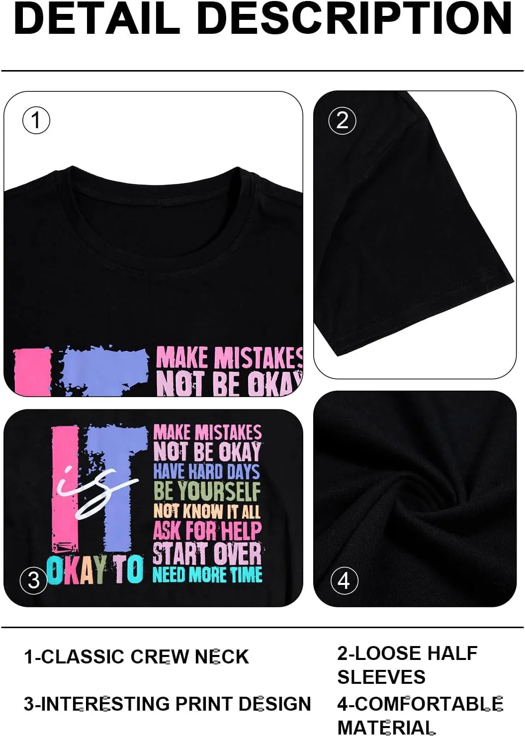 It is Okay to Make Mistake T-Shirt Women Oversized Inspirational Letter Print Graphic Shirts Casual Mental Health Tops
