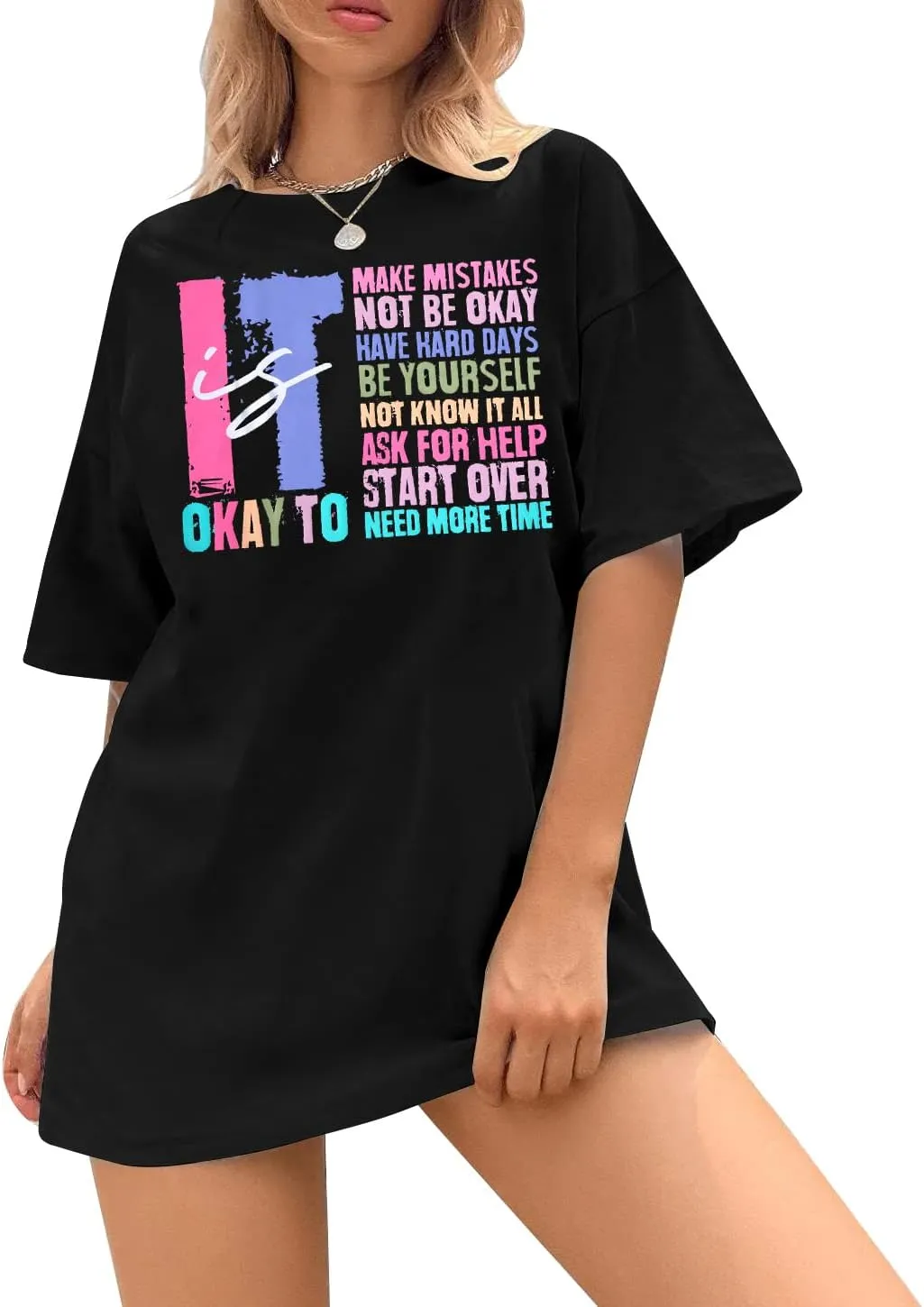 It is Okay to Make Mistake T-Shirt Women Oversized Inspirational Letter Print Graphic Shirts Casual Mental Health Tops