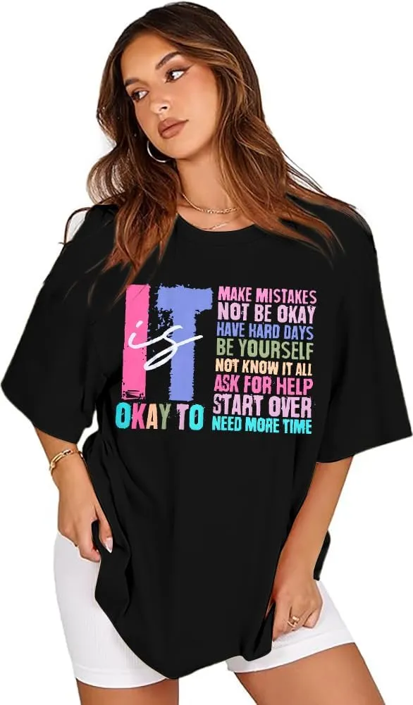 It is Okay to Make Mistake T-Shirt Women Oversized Inspirational Letter Print Graphic Shirts Casual Mental Health Tops