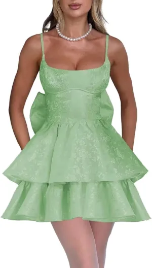 Jacquard Floral Satin Short Prom Dress Spaghetti Straps Puffy Mini Cocktail Party Gowns with Bow Back