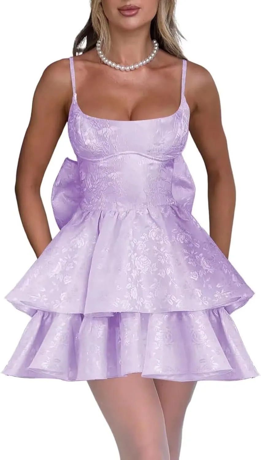 Jacquard Floral Satin Short Prom Dress Spaghetti Straps Puffy Mini Cocktail Party Gowns with Bow Back