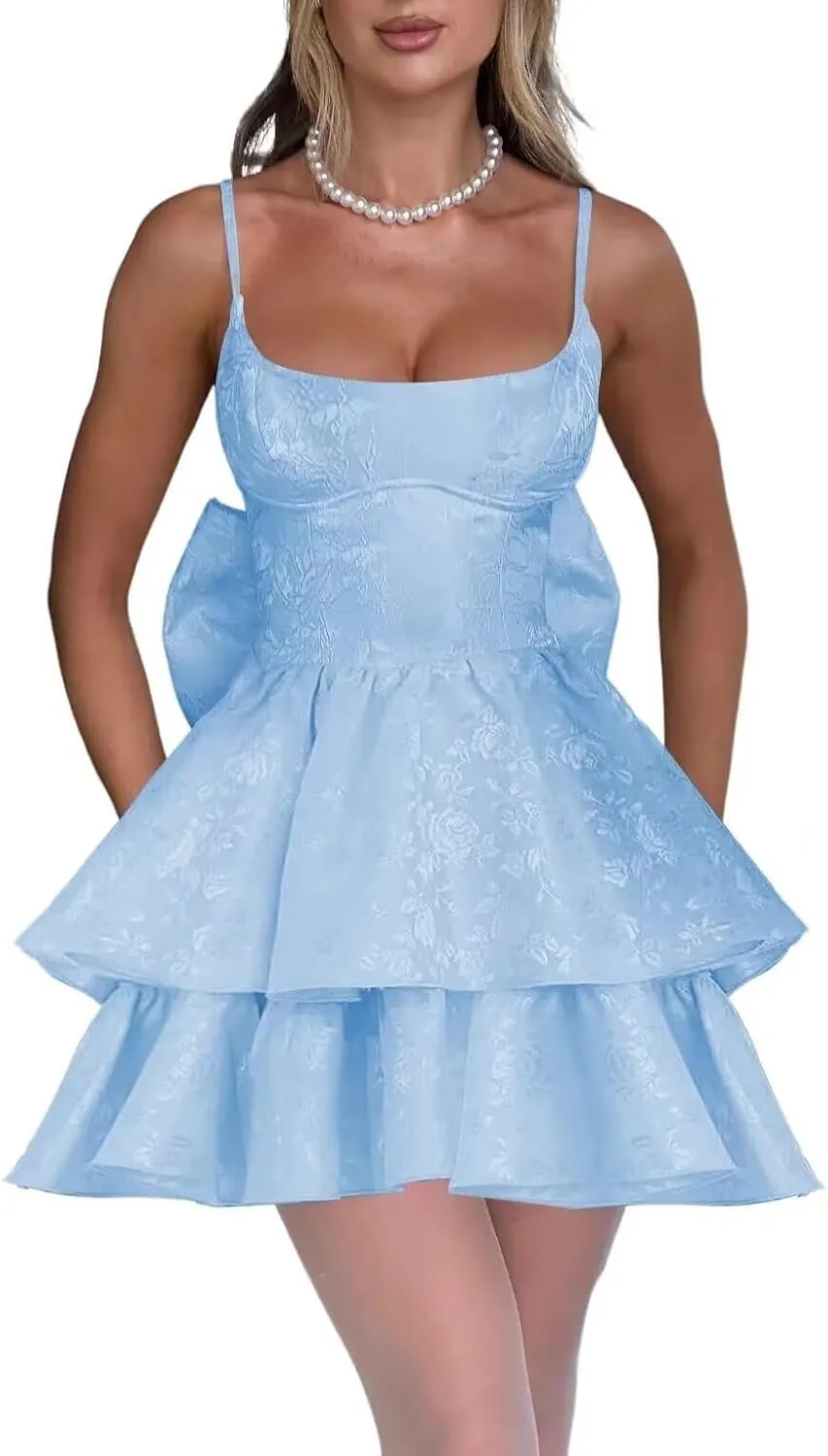 Jacquard Floral Satin Short Prom Dress Spaghetti Straps Puffy Mini Cocktail Party Gowns with Bow Back
