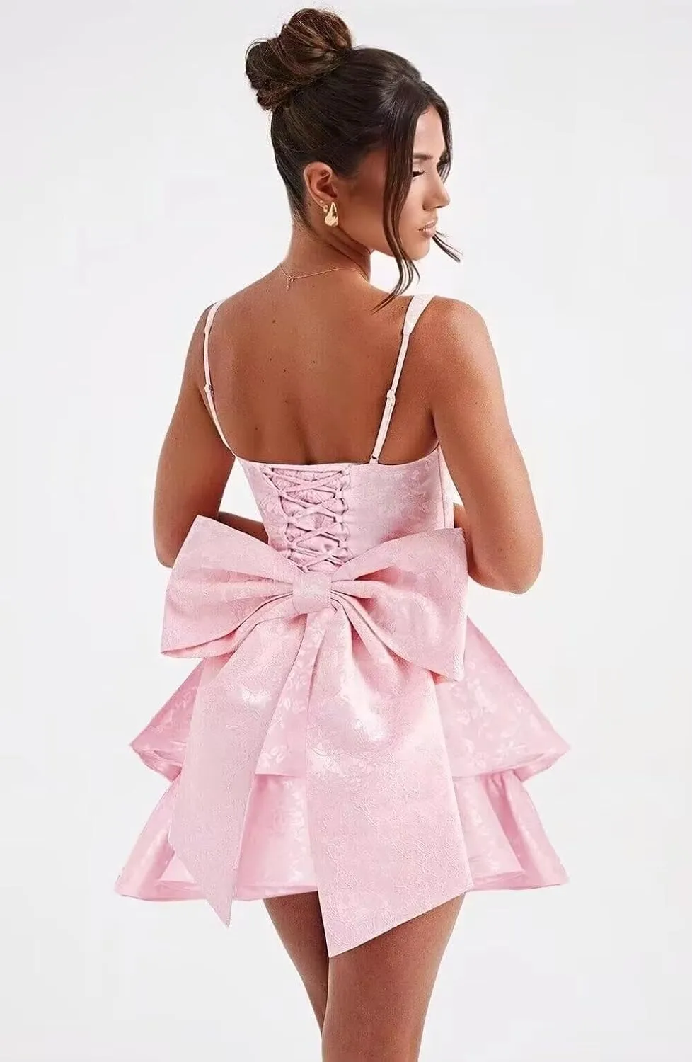 Jacquard Floral Satin Short Prom Dress Spaghetti Straps Puffy Mini Cocktail Party Gowns with Bow Back