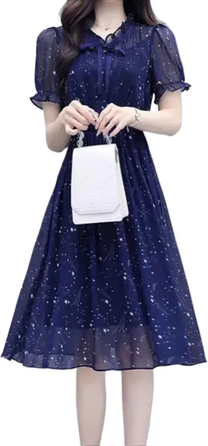 JYHBHMZG Elegant Ruffles Loose Folds Lace-up Bow Floral Dress Women's Clothing Summer Short Sleeve Office Lady Mini Dress Navy Blue M