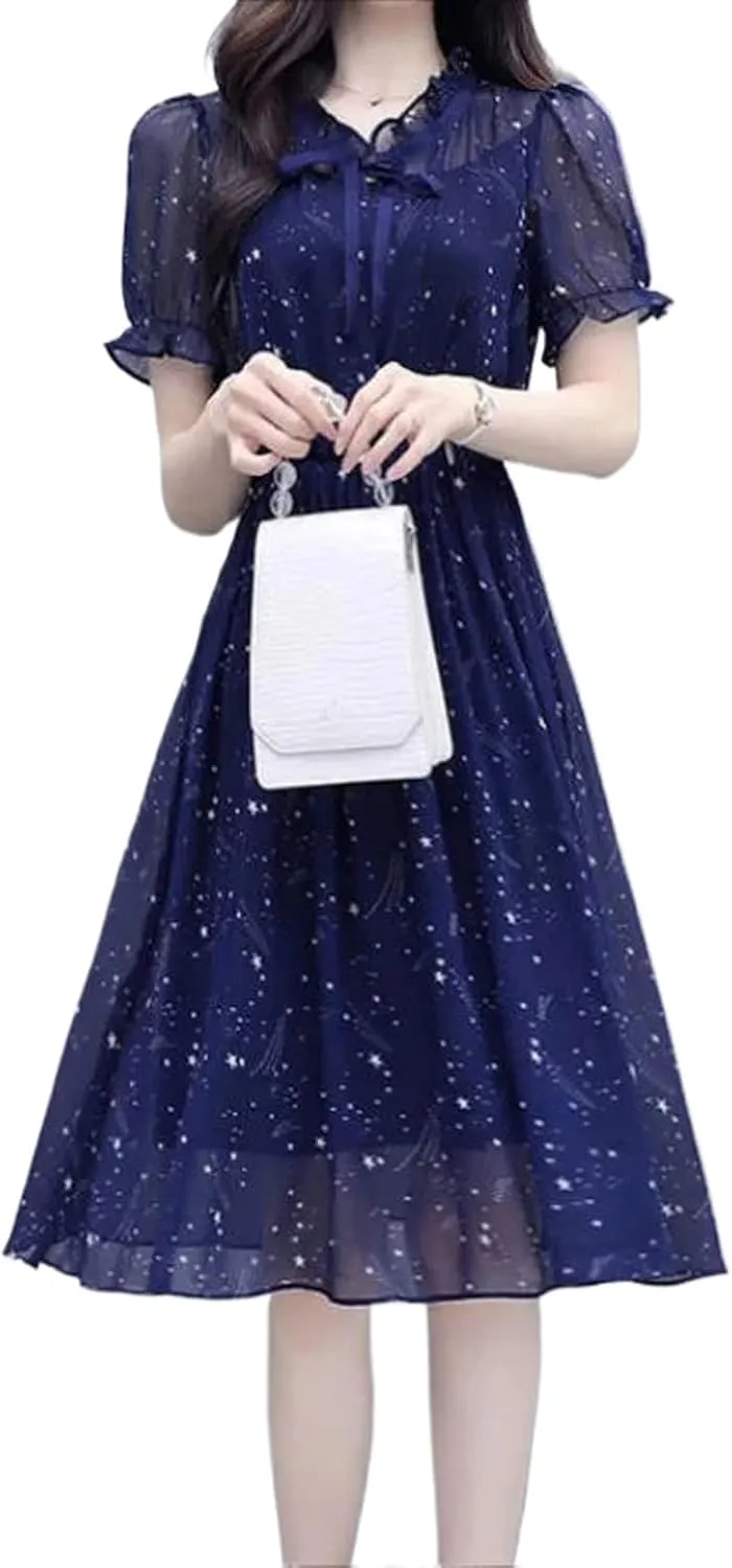 JYHBHMZG Elegant Ruffles Loose Folds Lace-up Bow Floral Dress Women's Clothing Summer Short Sleeve Office Lady Mini Dress Navy Blue M