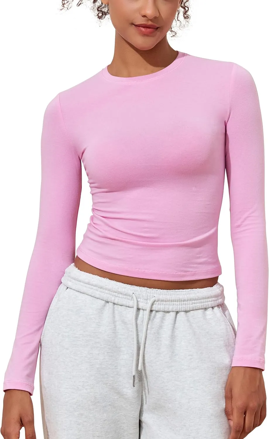 kayamiya Women's Basic Long Sleeve Cotton Shirts Tight Fit Fall Crewneck Trendy Y2K Crop Tops