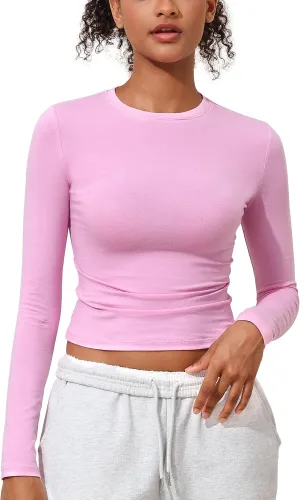 kayamiya Women's Basic Long Sleeve Cotton Shirts Tight Fit Fall Crewneck Trendy Y2K Crop Tops