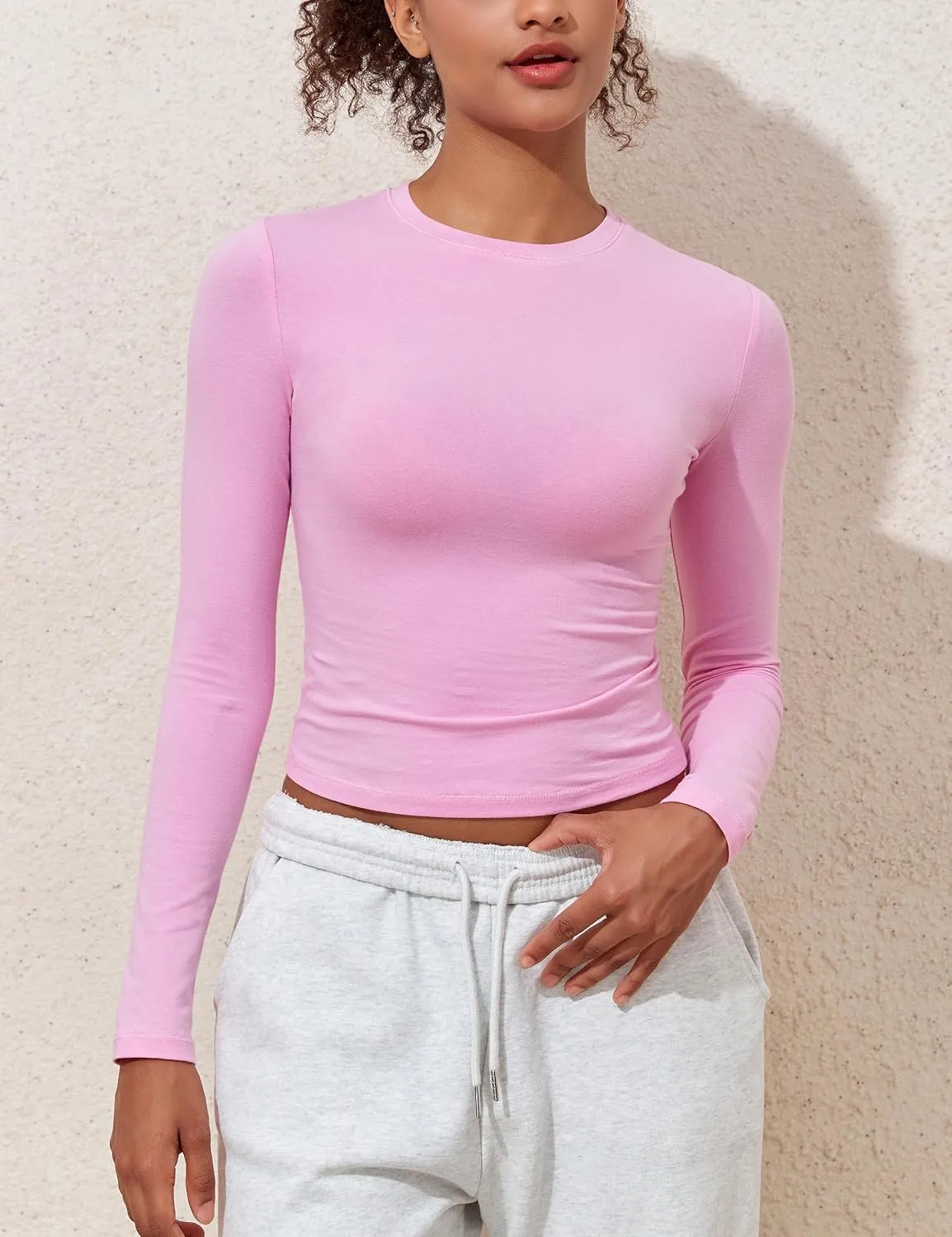 kayamiya Women's Basic Long Sleeve Cotton Shirts Tight Fit Fall Crewneck Trendy Y2K Crop Tops