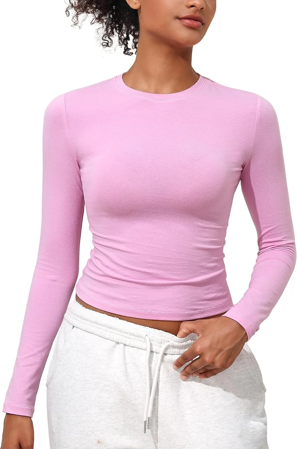 kayamiya Women's Basic Long Sleeve Cotton Shirts Tight Fit Fall Crewneck Trendy Y2K Crop Tops