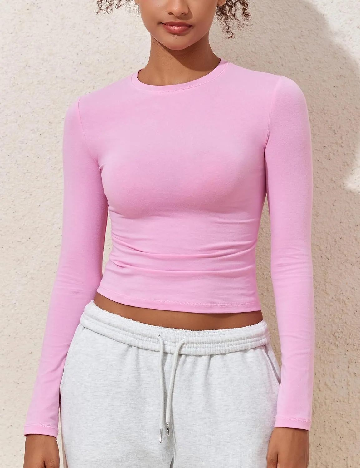 kayamiya Women's Basic Long Sleeve Cotton Shirts Tight Fit Fall Crewneck Trendy Y2K Crop Tops