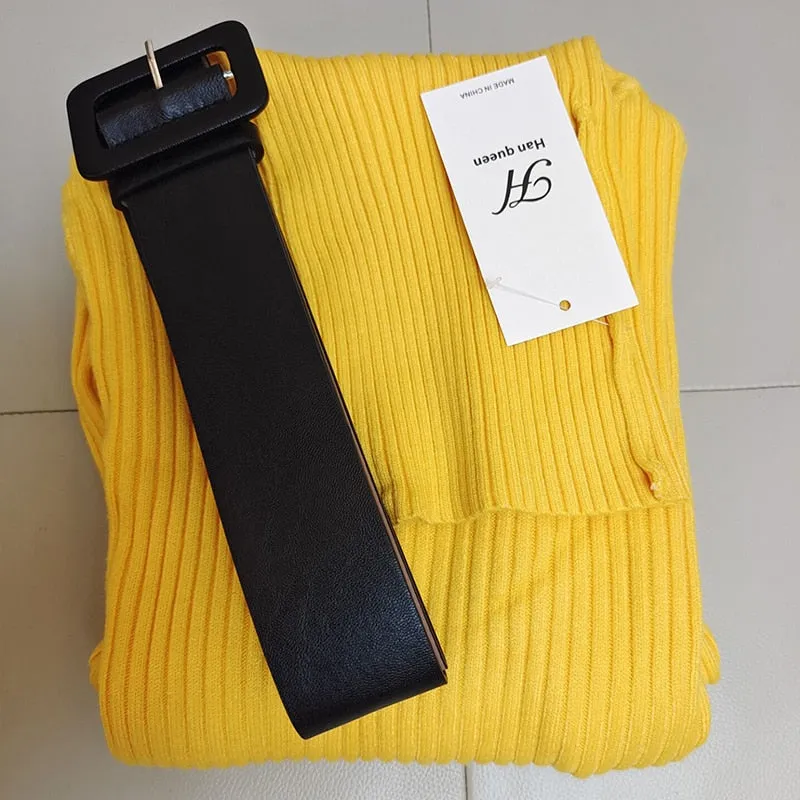 Knitted Bodycon Dress Bottoming Women Soft Elastic Turtleneck Sweater Autumn Winter Midi Party Dresses With Belt