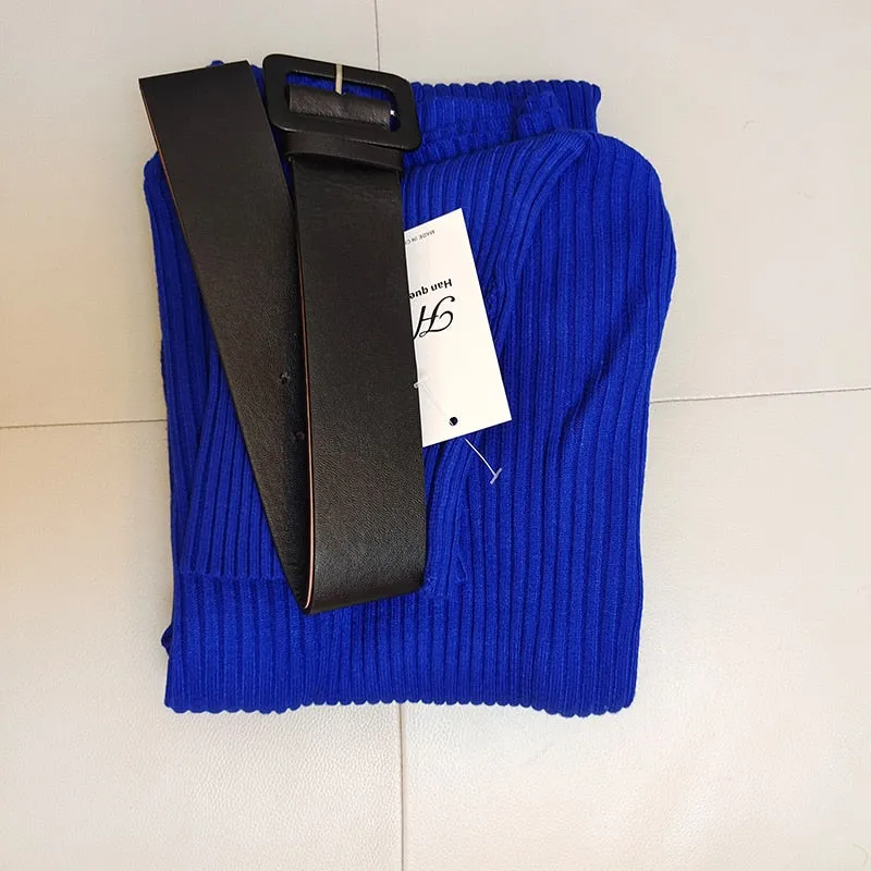 Knitted Bodycon Dress Bottoming Women Soft Elastic Turtleneck Sweater Autumn Winter Midi Party Dresses With Belt