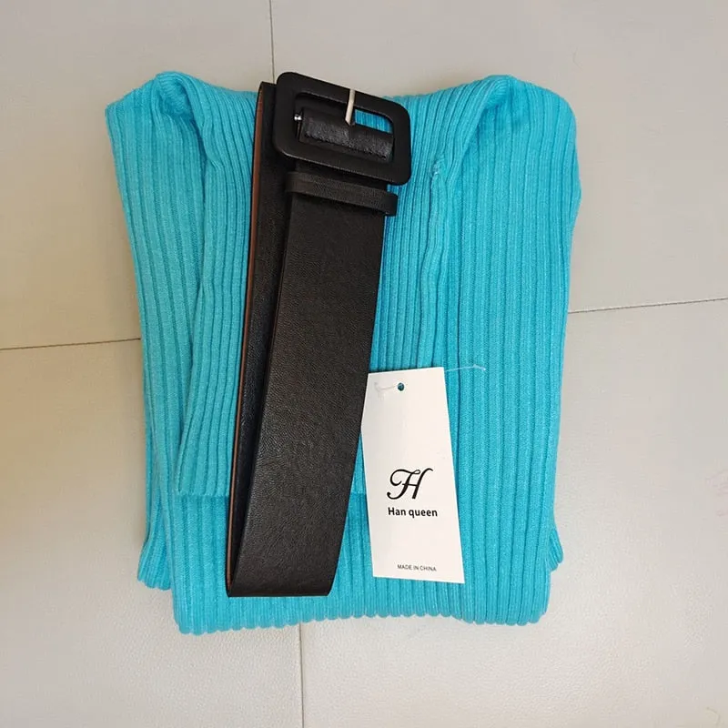 Knitted Bodycon Dress Bottoming Women Soft Elastic Turtleneck Sweater Autumn Winter Midi Party Dresses With Belt