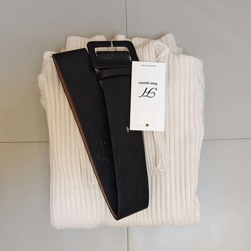 Knitted Bodycon Dress Bottoming Women Soft Elastic Turtleneck Sweater Autumn Winter Midi Party Dresses With Belt