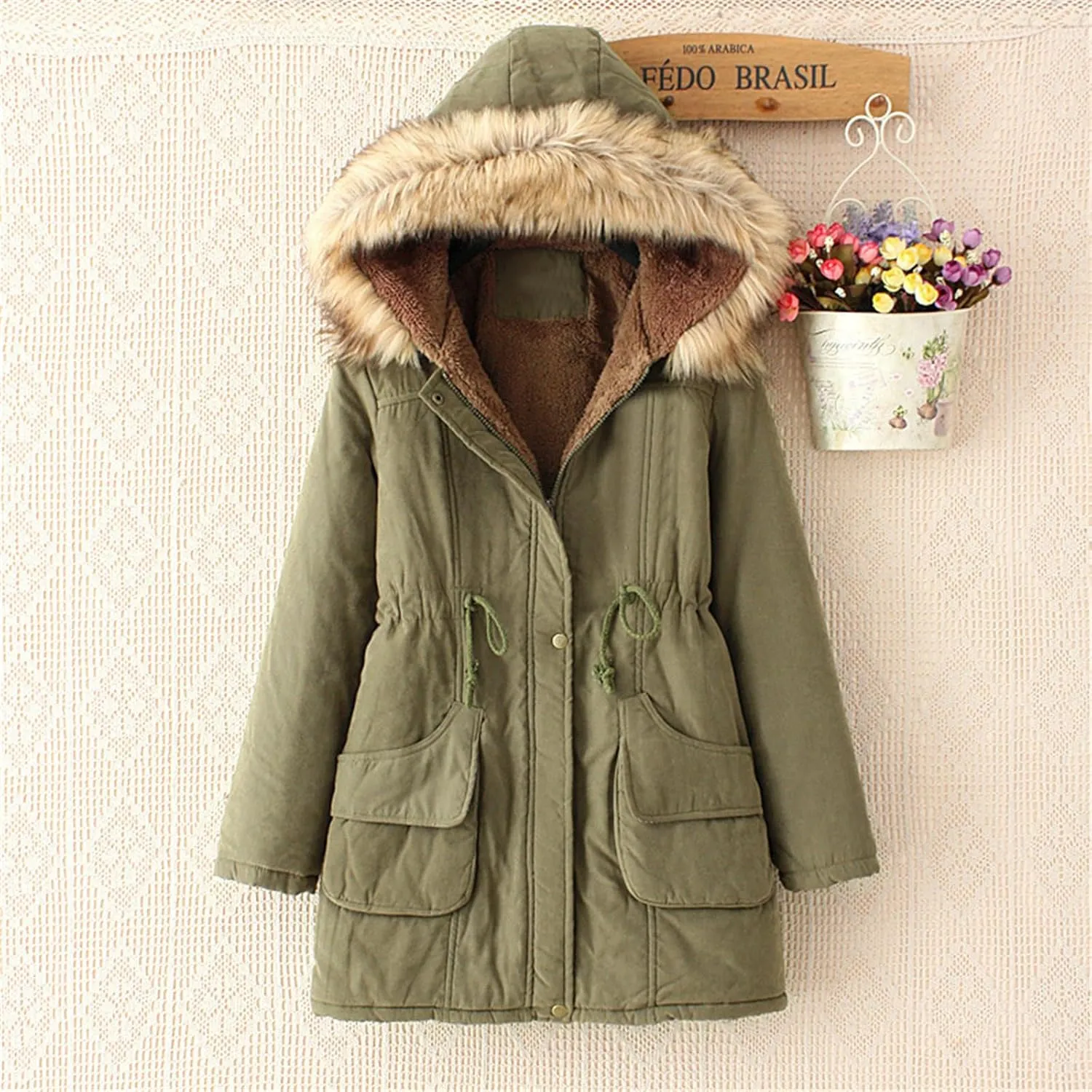 Kubbon Women's Winter Down Coat Fleece Lined Mid Length Parka Coats Long Sleeve Warm Puffer Jacket with Faux Fur Hood