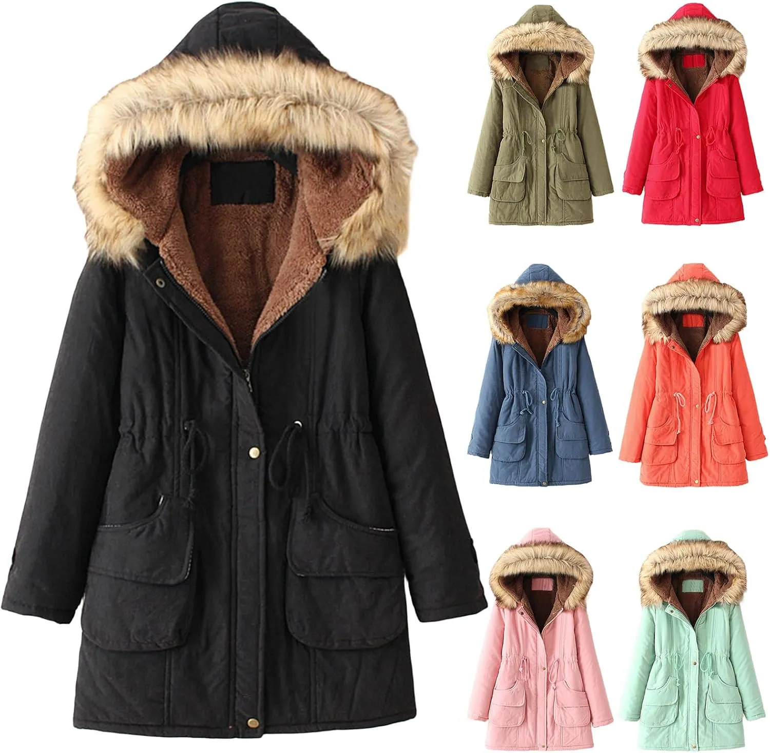 Kubbon Women's Winter Down Coat Fleece Lined Mid Length Parka Coats Long Sleeve Warm Puffer Jacket with Faux Fur Hood