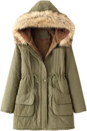 Kubbon Women's Winter Down Coat Fleece Lined Mid Length Parka Coats Long Sleeve Warm Puffer Jacket with Faux Fur Hood