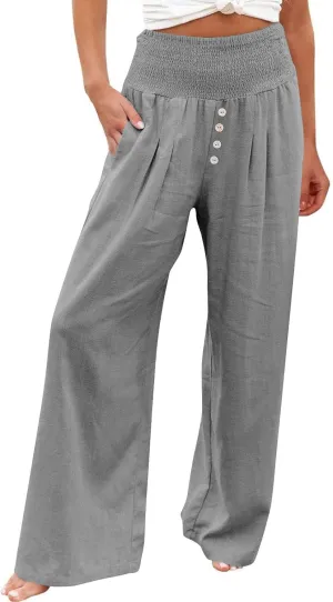 Lastesso Linen Pants Women Boho Wide Leg Trousers Tummy Control Summer Beach Travel Clothes Casual Flowy Pants with Pockets